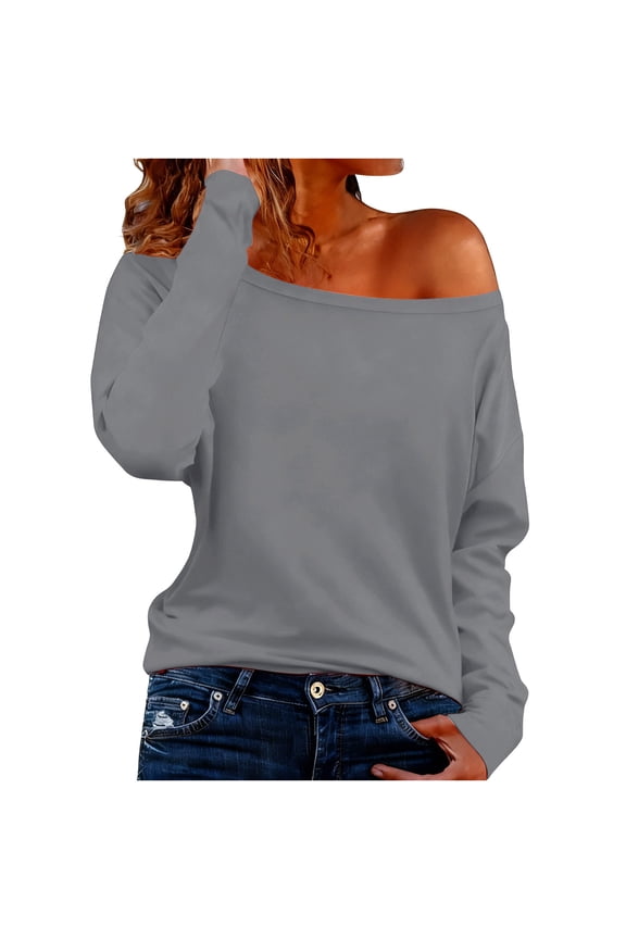 Women's off Shoulder Tops Long Sleeve Shirts Oversized Fashion Casual Pullover Tunic Top