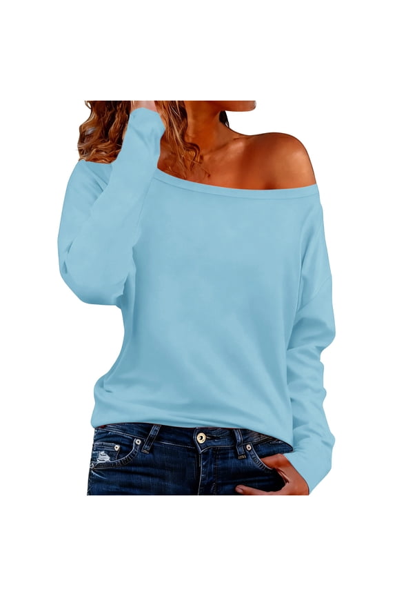 Women's off Shoulder Tops Long Sleeve Shirts Oversized Fashion Casual Pullover Tunic Top