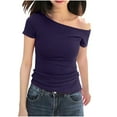 thumbnail image 1 of yillto Women's off Shoulder Tops Summer Casual Short Sleeve T Shirts Solid Color Slim Tee Clothes, 1 of 5