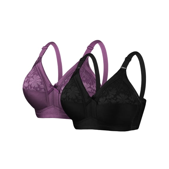 yillto Womens 2 Pack Bra Satin Lace Everyday Bralettes V Neck Full Coverage Adjustable Straps Lightweight Bras