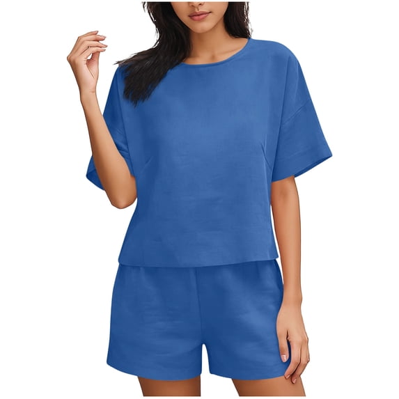 yillto Womens 2 Piece Outfit Summer Solid Color Round Neck Short Sleeve Top and Drawstring Wide Leg Shorts Set