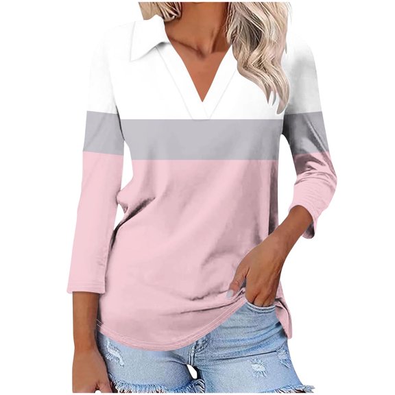 yillto Womens 3/4 Sleeve Blouse V Neck Collared Pullover Loose Tops Color Block Summer Trendy Tee