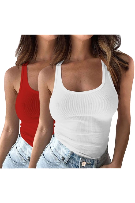 Womens Basic Ribbed Tank Square Neck Sleeveles Layer Tunic Crop Tee Tops Undershirt 2 Pack