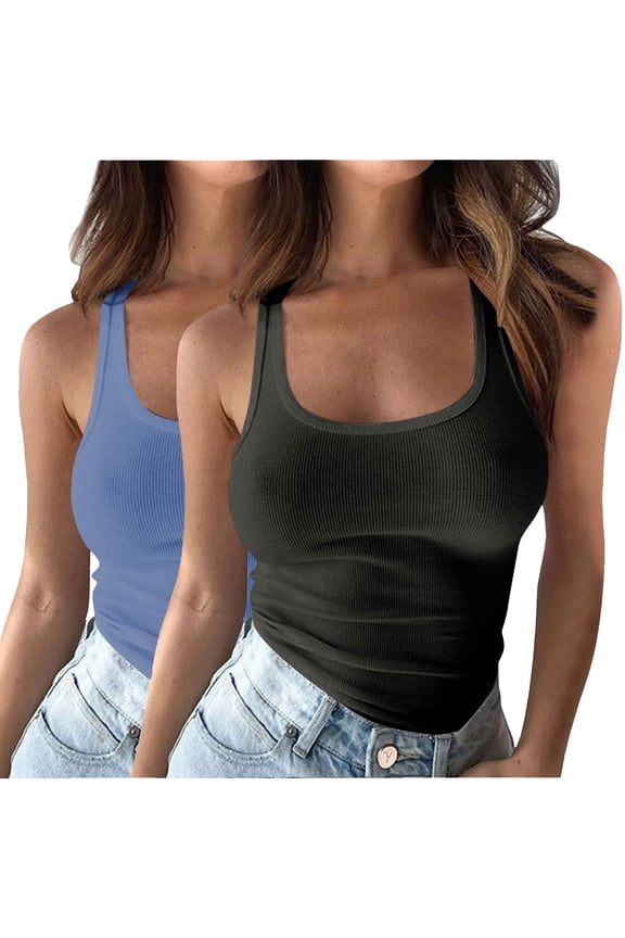 Womens Basic Ribbed Tank Square Neck Sleeveles Layer Tunic Crop Tee Tops Undershirt 2 Pack