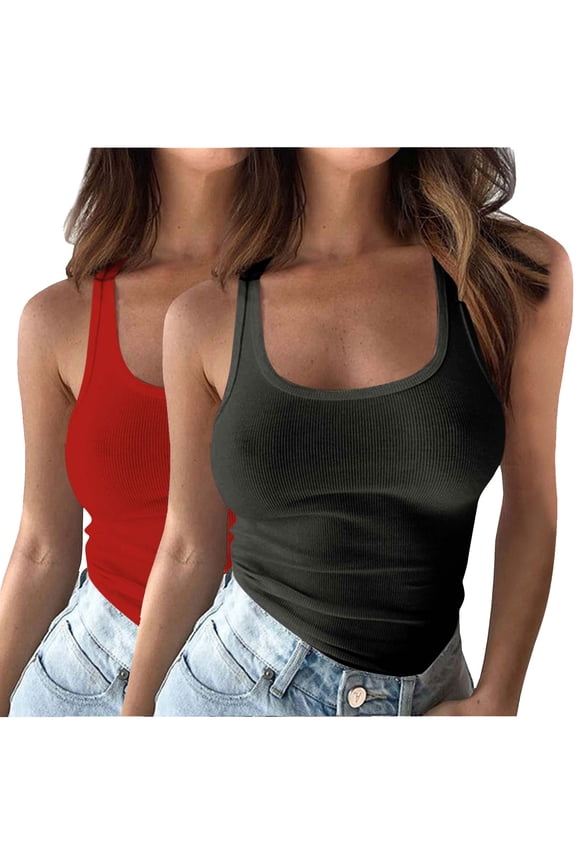 Womens Basic Ribbed Tank Square Neck Sleeveles Layer Tunic Crop Tee Tops Undershirt 2 Pack