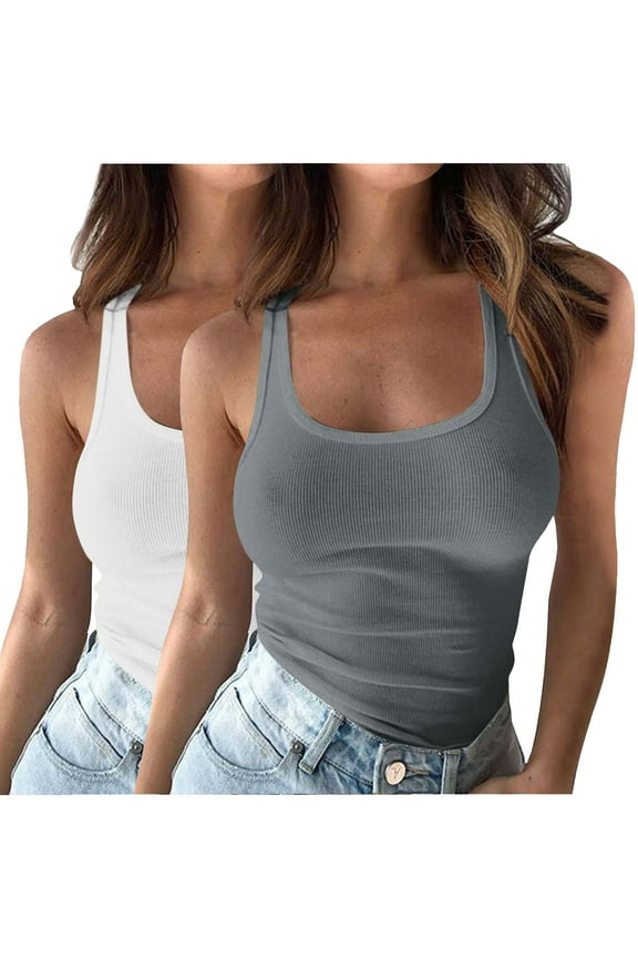 Womens Basic Ribbed Tank Square Neck Sleeveles Layer Tunic Crop Tee Tops Undershirt 2 Pack
