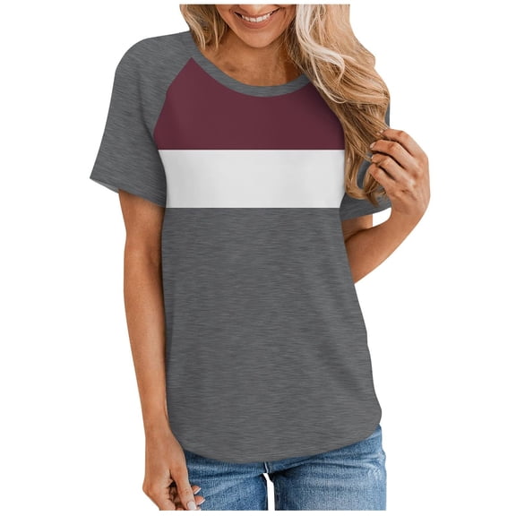 yillto Womens Basic Short Sleeve Shirts Round Neck Color Block Summer Causal Tshirts Loose Comfy Tee