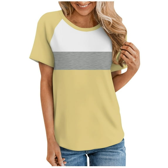 yillto Womens Basic Short Sleeve Shirts Round Neck Color Block Summer Causal Tshirts Loose Comfy Tee