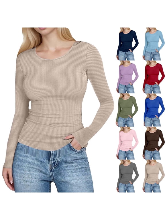 Womens Basic Tops Ribbed Long Sleeve Shirts Slim Layered Tee Crewneck Stretchy Undershirts