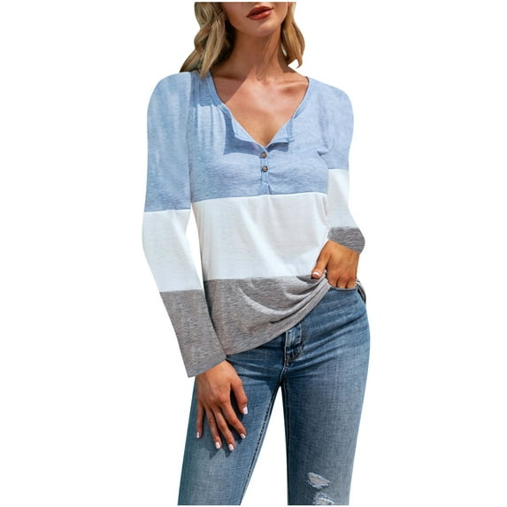 yillto Womens Basic Tshirts Long Sleeve V Neck Pullover Tops Soft Comfy Lightweight Color Block Clothes