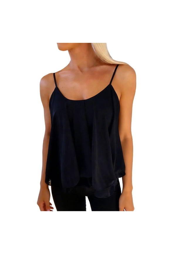 Womens Beach Vacation Tops Chiffon Sleeveless Camisoles Ruffle Hem Flowy Spaghetti Strap Loose Tank