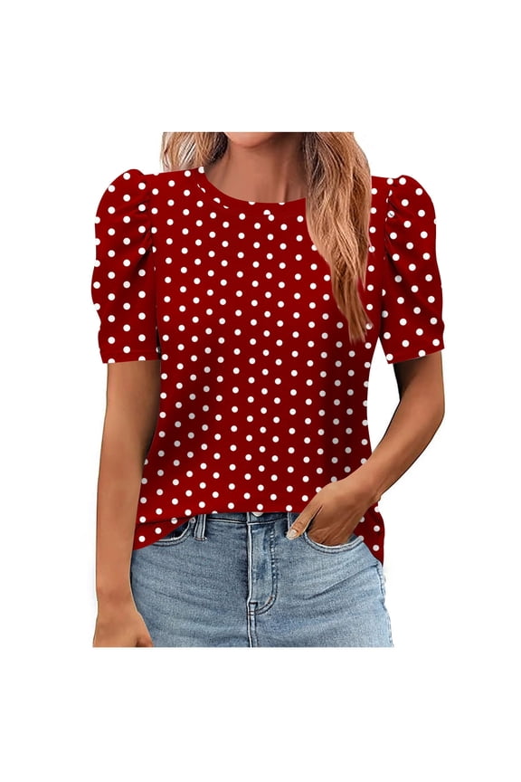 Womens Blouse Puff Short Sleeve Polka Dot Printed Tops Crew Neck Tunic Shirts Summer Clothes