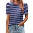 thumbnail image 1 of yillto Womens Blouse Puff Short Sleeve Striped Printed Tops Crew Neck Tunic Shirts Summer Clothes, 1 of 5