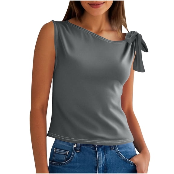 yillto Womens Blouse Sleeveless Asymmetrical Neck Tie Shoudler Summer Shirt Casual Blouses Tops