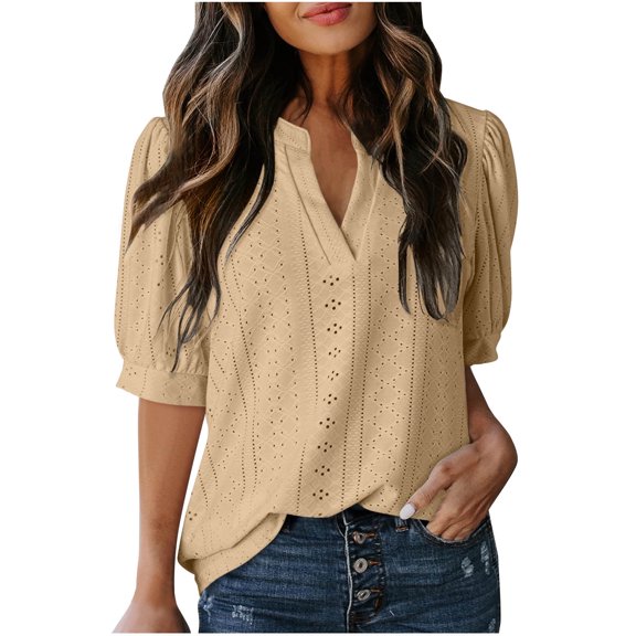 yillto Womens Blouse Summer V Neck Puff Short Sleeve Loose Top Causal Trendy Dressy Shirts Outfits