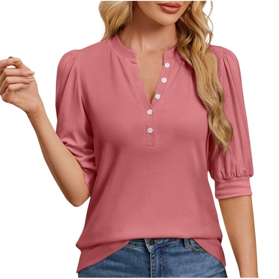 yillto Womens Blouse V Neck Buttons Casual Business Shirts Summer Short Sleeve Dressy Top for Women