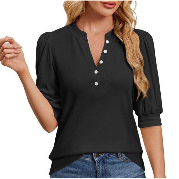 yillto Womens Blouse V Neck Buttons Casual Business Shirts Summer Short Sleeve Dressy Top for Women