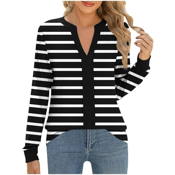 yillto Womens Blouse V Neck Long Sleeve Striped Tunic Tops Casual Business Work Office Loose Shirts