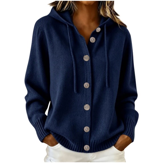 yillto Womens Button down Hooded Cardigan Sweater Knit Long Sleeve Loose Fitting Cardigans with Drawstring