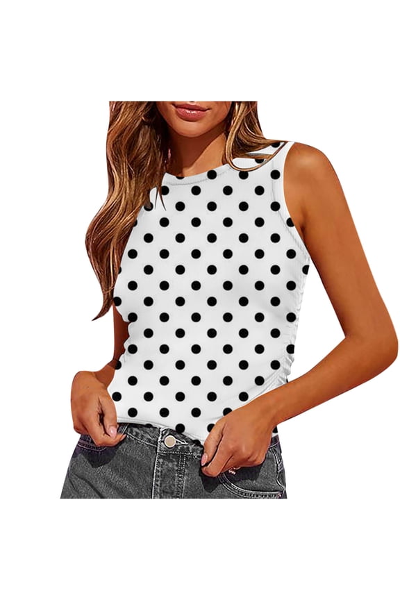Womens Cami Tank Sleeveless Crewneck Cropped Tee Summer Slim Pokla Dot Printed Tops