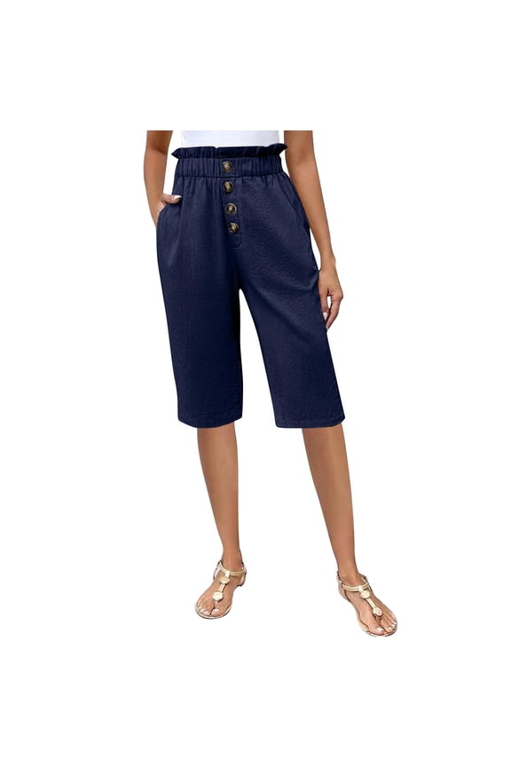 Womens Capris Elastic Waist Causal Summer Cropped Pant Knee Length Loose Shorts with Pockets