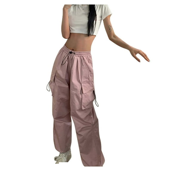 yillto Womens Cargo Pants Stretch Waist Drawstring Wide Leg Pants Solid Color Casual Pants with Pockets
