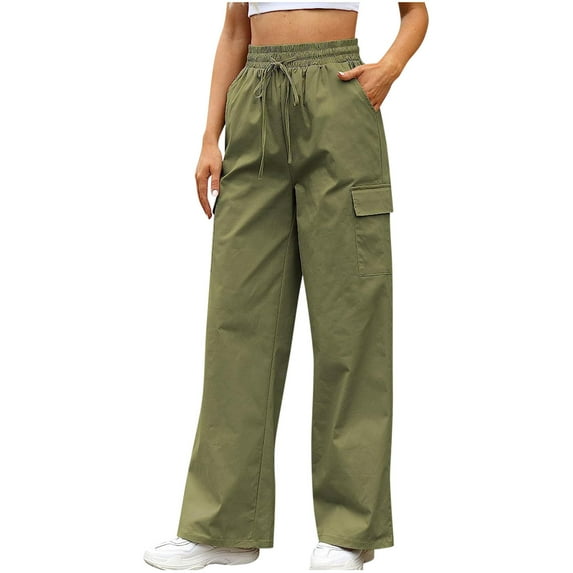 yillto Womens Cargo Pants Stretch Waist Drawstring Wide Leg Pants Solid Color Casual Pants with Pockets