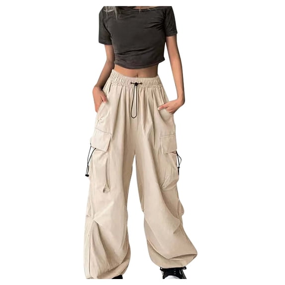 yillto Womens Cargo Pants Stretch Waist Drawstring Wide Leg Pants Solid Color Casual Pants with Pockets