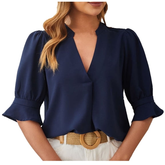 yillto Womens Chiffon Blouse V Neck Pleated Puff Short Sleeve Dressy Shirts Causal Business Tunic Tops