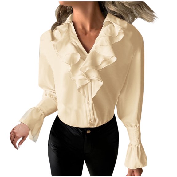 yillto Womens Chiffon Dressy Shirts Long Sleeve Ruffle V Neck Causal Business Fashion Blouse Tops