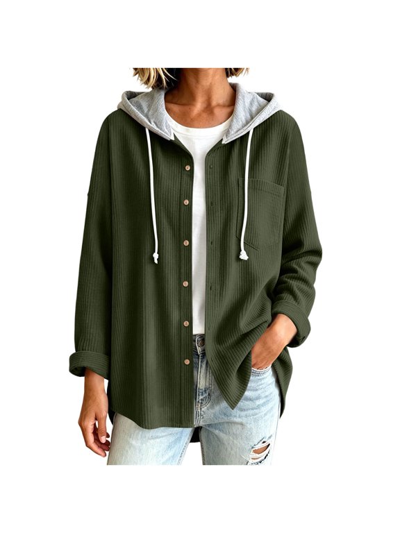 Womens Corduroy Shackets Button down Hoodies Long Sleeve Drawstring Shirts Jackets with Pockets