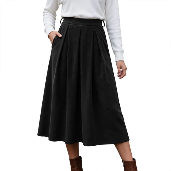 yillto Womens Corduroy Skirts Pleated High Waist Flowy Loose Fall Winter Long Skirt with Pockets S-XXXL
