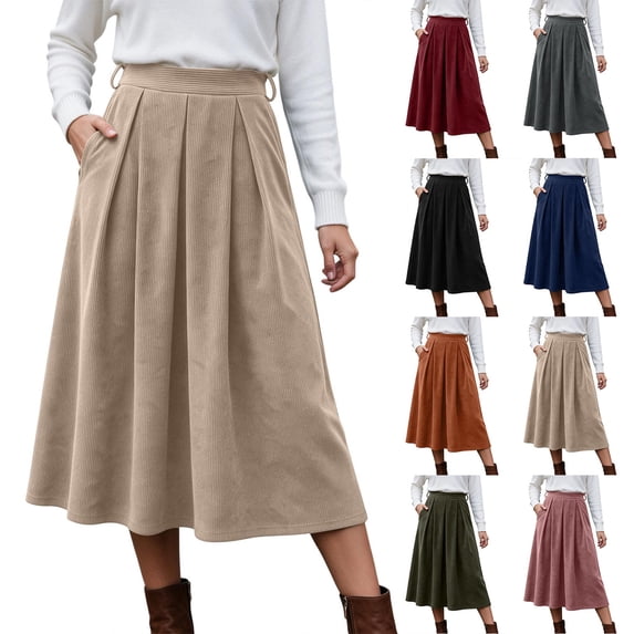 yillto Womens Corduroy Skirts Pleated High Waist Flowy Loose Fall Winter Long Skirt with Pockets S-XXXL