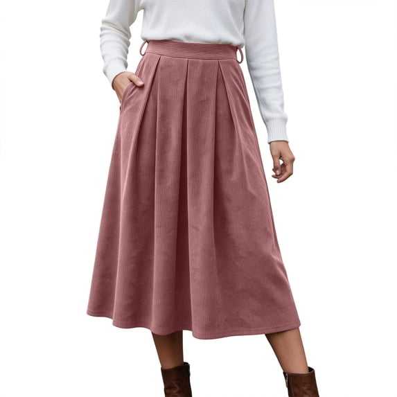 yillto Womens Corduroy Skirts Pleated High Waist Flowy Loose Fall Winter Long Skirt with Pockets S-XXXL