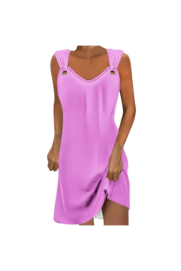 Womens Dress Sleeveless Crew Neck Tank Short Dresses Summer Basic Mini Shirt Dress