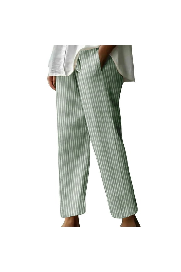 Womens Cotton Linen Pant Striped Straight Leg Elastic Waist Drawstring Loose Tapered Trousers
