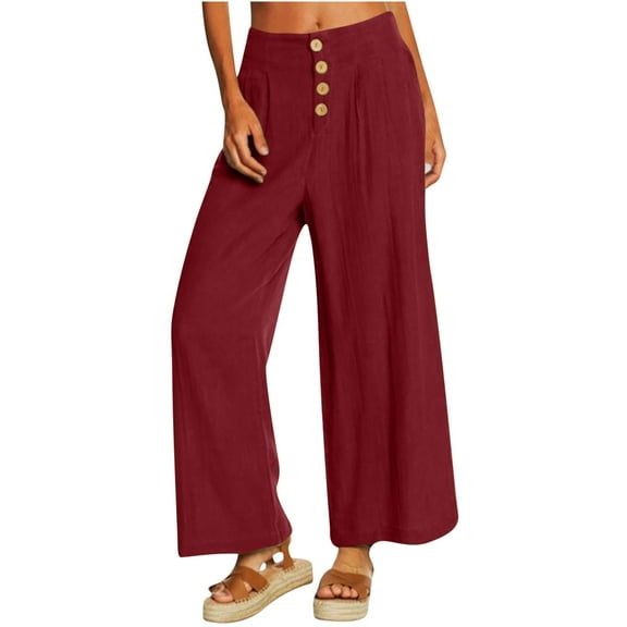 yillto Womens Cotton Linen Pants Elastic High Waist Loose Wide Leg Palazzo Pant Summer Beach Pant