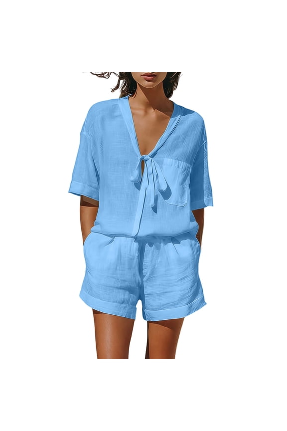 Womens Cotton Linen Sets Shorts 2 Piece Short Sleeve Top Lightweight Loose Vacation Set Outfits
