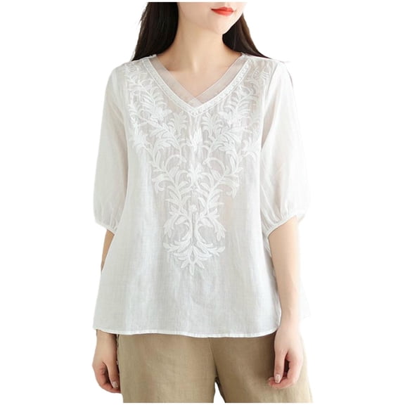 yillto Womens Cotton Linen Top 3/4 Sleeve V Neck Summer Shirts Summer Elegant Vintage Loose Clothes