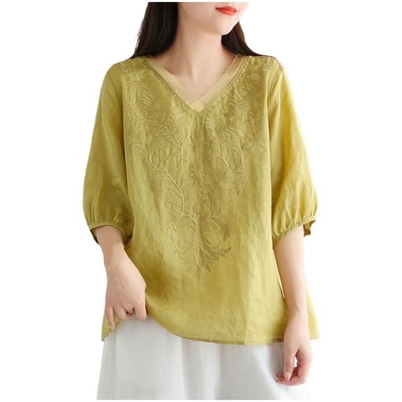 yillto Womens Cotton Linen Top 3/4 Sleeve V Neck Summer Shirts Summer Elegant Vintage Loose Clothes