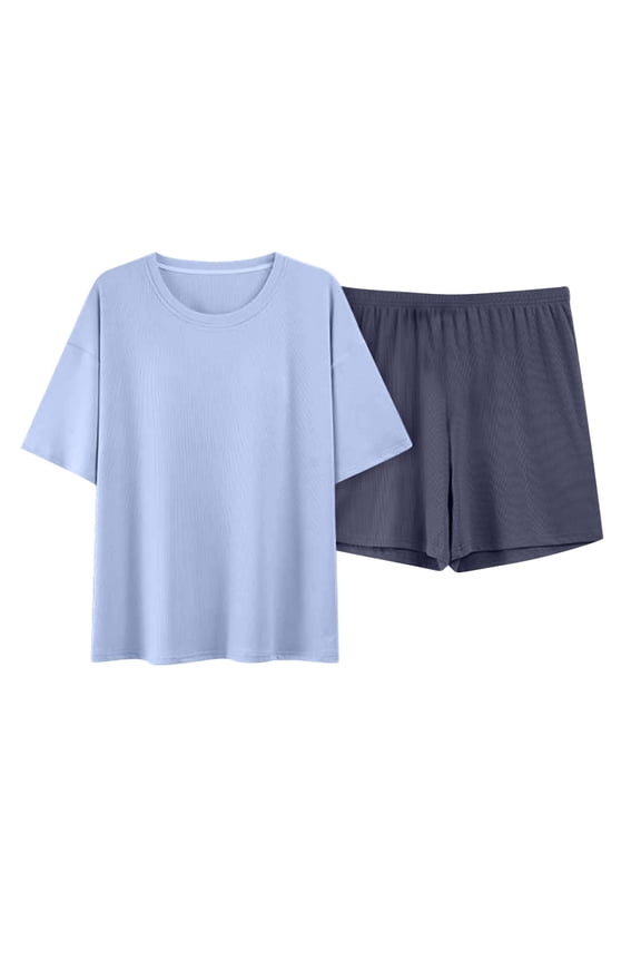 Womens Cotton Pajamas Sets 2 Piece Loose Short Sleeve Top and Loungewear Shorts with Pockets