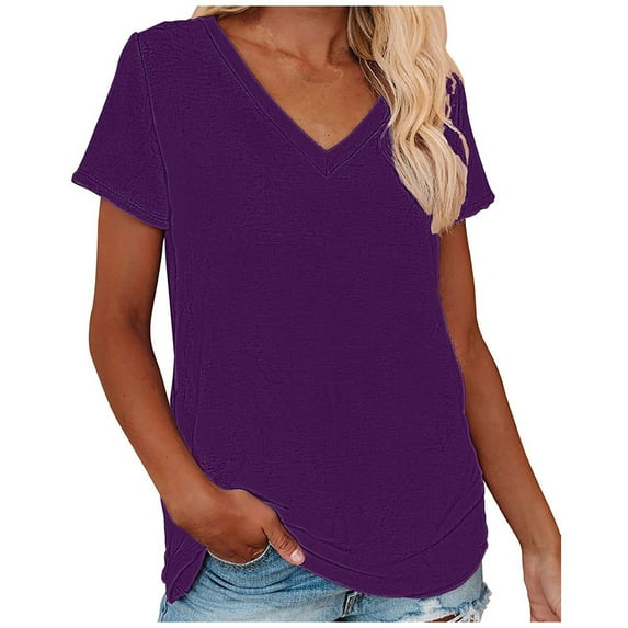 yillto Womens Cotton Shirts Basic V Neck Short Sleeve Loose Tee Summer Solid Color Casual Tshirts