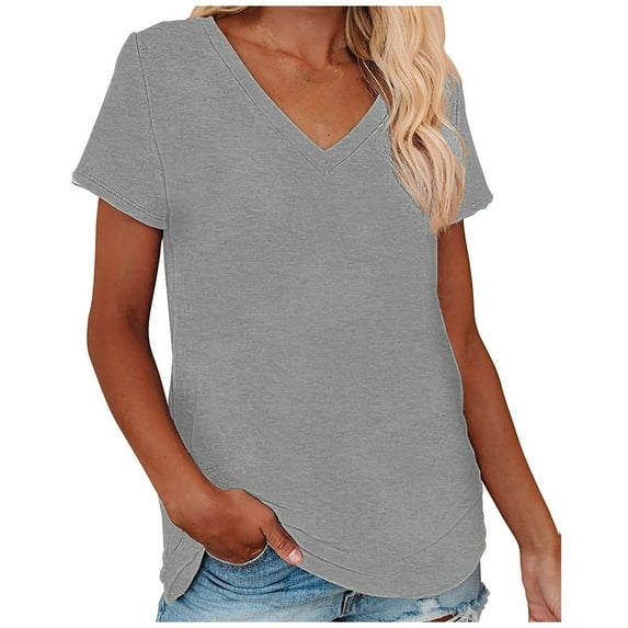 yillto Womens Cotton Shirts Basic V Neck Short Sleeve Loose Tee Summer Solid Color Casual Tshirts