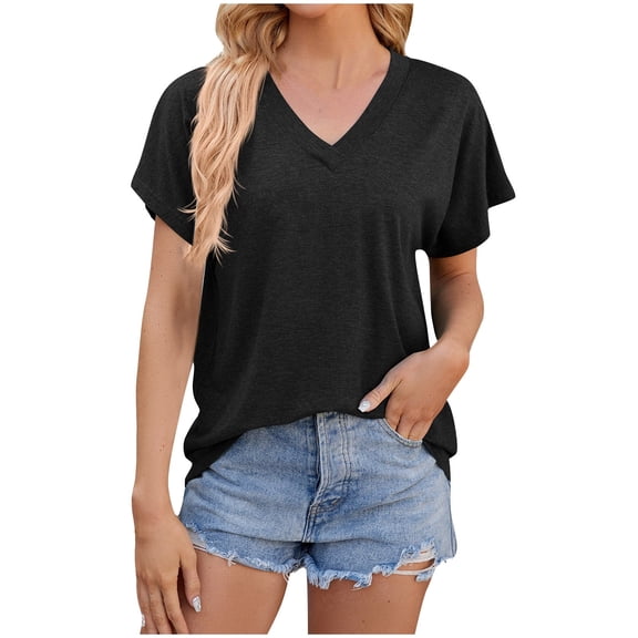 yillto Womens Cotton Shirts V Neck Ruffle Short Sleeve Loose Blouse Basic Pleated Tunic Tee Tops