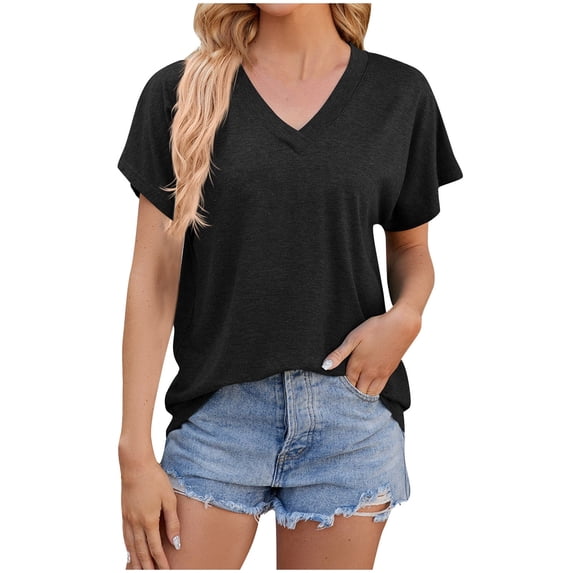 yillto Womens Cotton Shirts V Neck Ruffle Short Sleeve Loose Blouse Basic Pleated Tunic Tee Tops