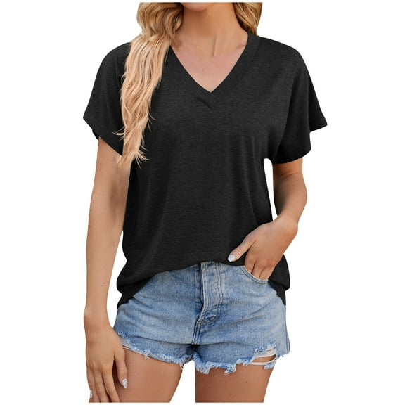 yillto Womens Cotton Shirts V Neck Ruffle Short Sleeve Loose Blouse Basic Pleated Tunic Tee Tops