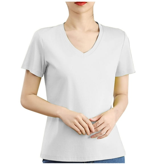 yillto Womens Cotton Tshirts V Neck Short Sleeve Plain Causal Basic Tee Summer Loose Shirt M-3XL