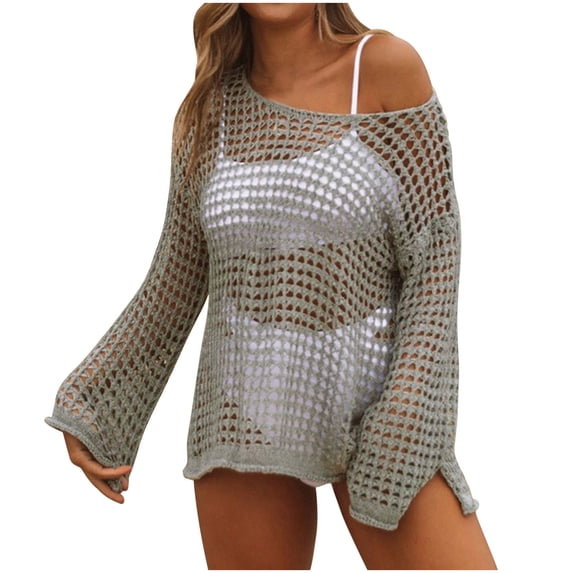 yillto Womens Crochet Cover Up Long Sleeve Loose Hollow out Knit Bikini Swimsuit Outfits for Beach Vacation