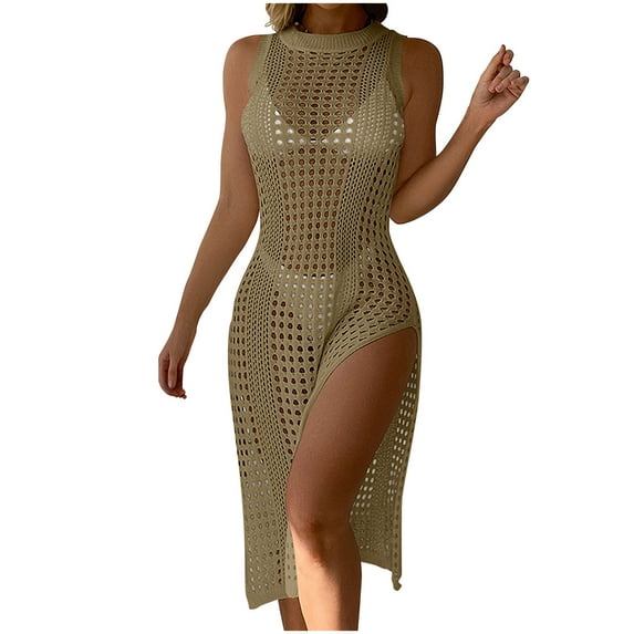 yillto Womens Crochet Cover up Summer Beach Dress Sleeveless Knit Long Dress Swimsuit Suit Coverups
