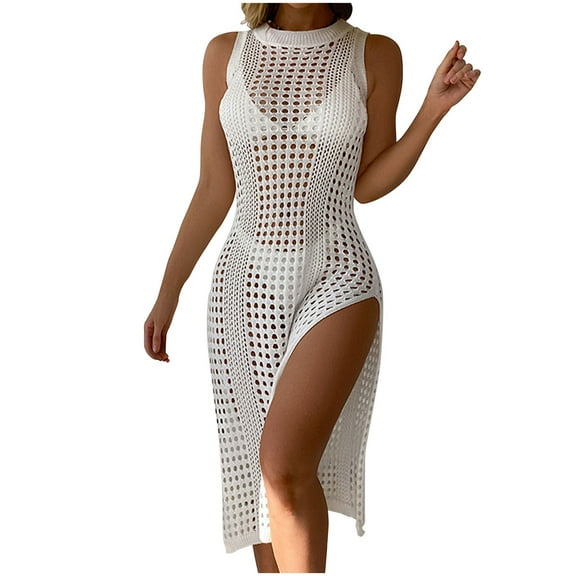 yillto Womens Crochet Cover up Summer Beach Dress Sleeveless Knit Long Dress Swimsuit Suit Coverups
